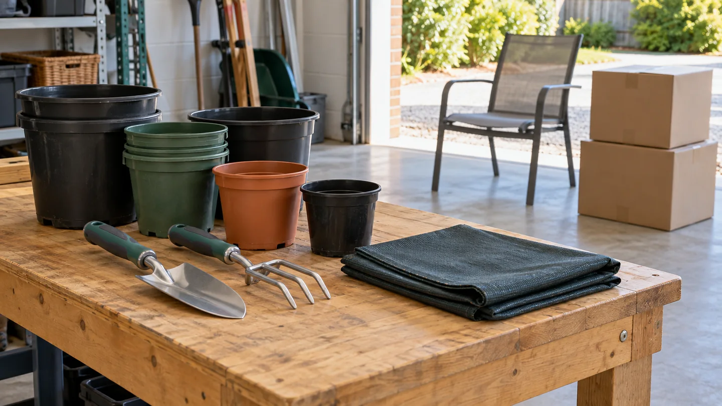 Illustration of clean, dry empty garden pots and hand tools kept separate from household moving cartons.