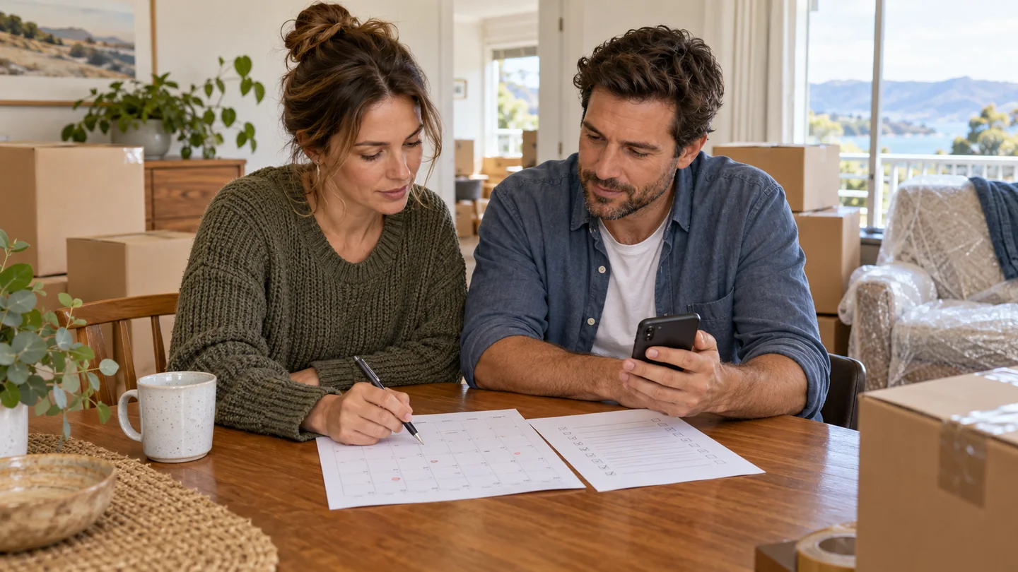 Illustration of a couple reviewing a calendar and inventory while discussing revised interstate moving dates.