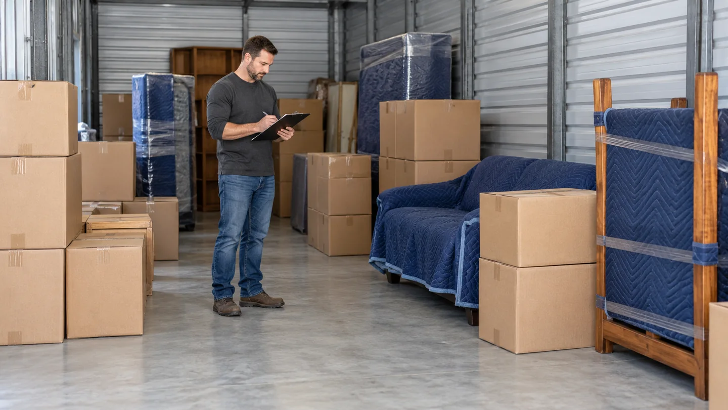 Illustration of a household furniture inventory check during a planned storage handover after moving dates change.