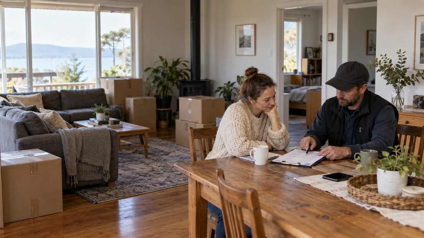 Illustration of a household reviewing a furniture inventory before an interstate move in Tasmania