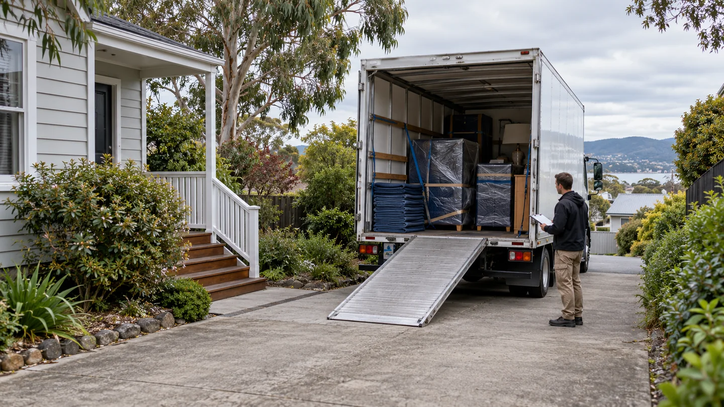 Illustration of a furniture removal truck and property access being assessed at a Tasmanian home