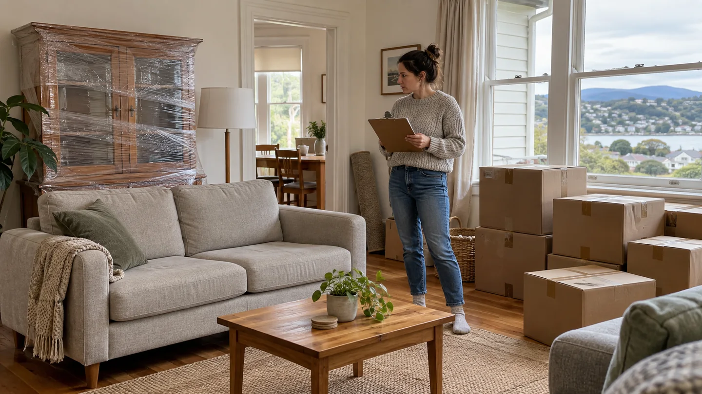 Illustration of a homeowner making a furniture inventory to assess household storage space in Launceston