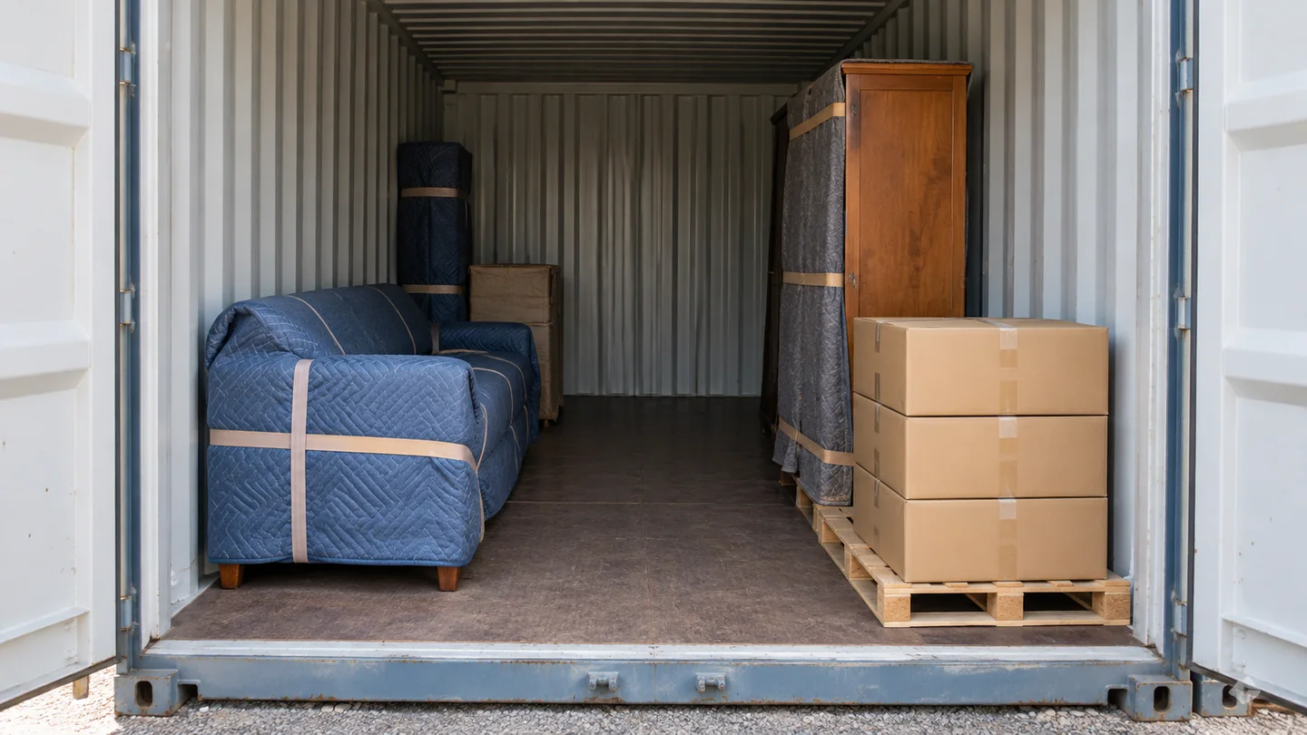 Illustration of protected household furniture and cartons arranged in a generic storage container with a clear access route