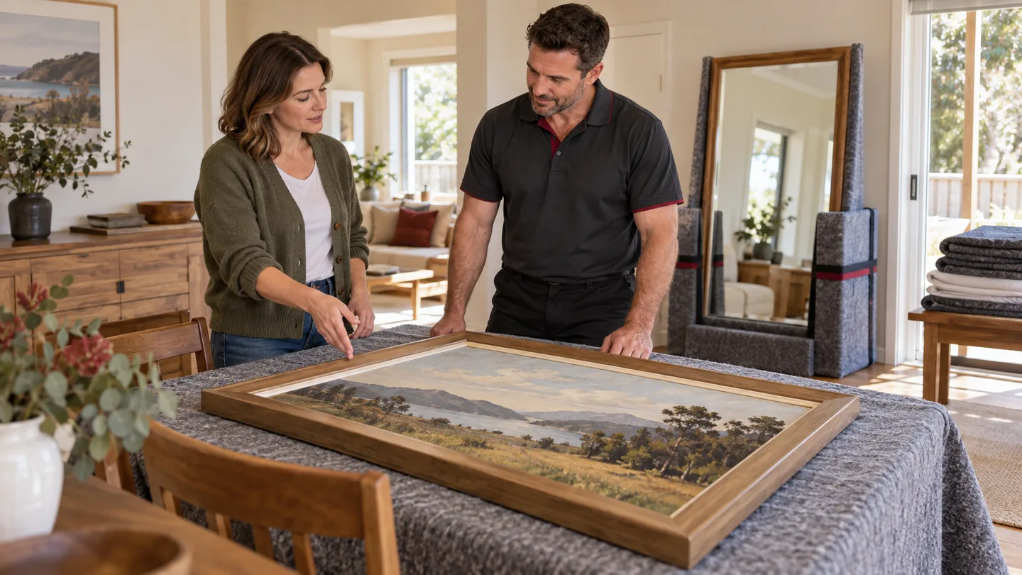Householder and coordinator looking at a framed painting on a padded table with a protected mirror nearby