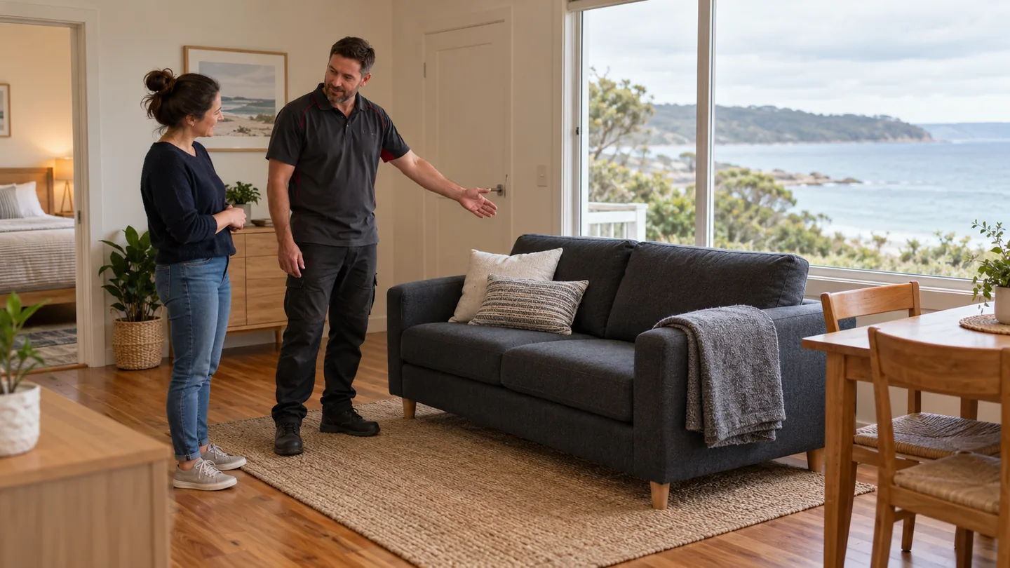 Local receiver and coordinator discussing sofa placement inside a coastal holiday home