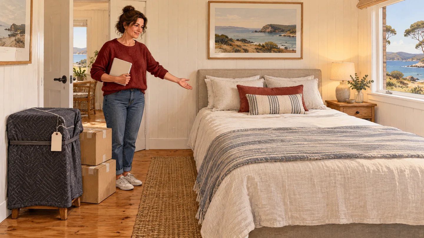 Illustration of a receiver indicating the intended space for furniture in a holiday-home bedroom