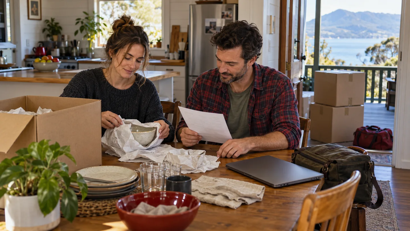 Couple preparing household crockery and moving notes with a laptop and work bag kept separately