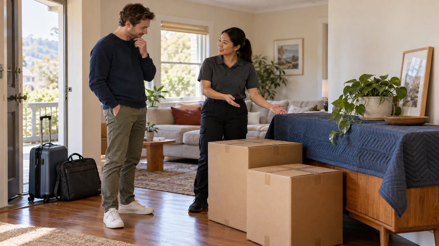 Homeowner keeping travel luggage and a work bag separate while discussing furniture storage