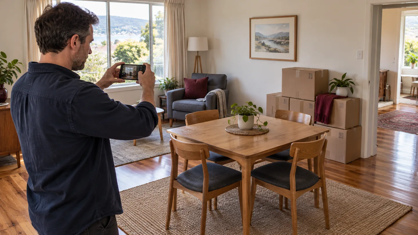 Homeowner photographing a dining setting, armchair and cartons for a moving quote