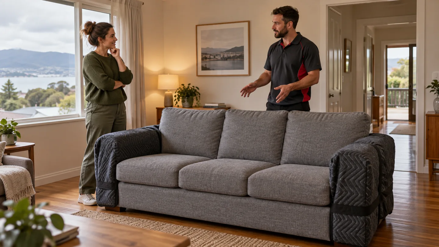 Homeowner and furniture coordinator discussing a grey sofa with moving blankets over its arms