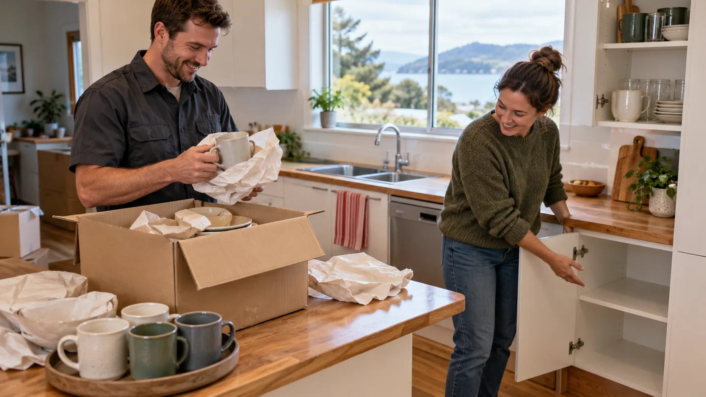 Worker unwrapping a mug while a homeowner indicates an empty kitchen cupboard after moving