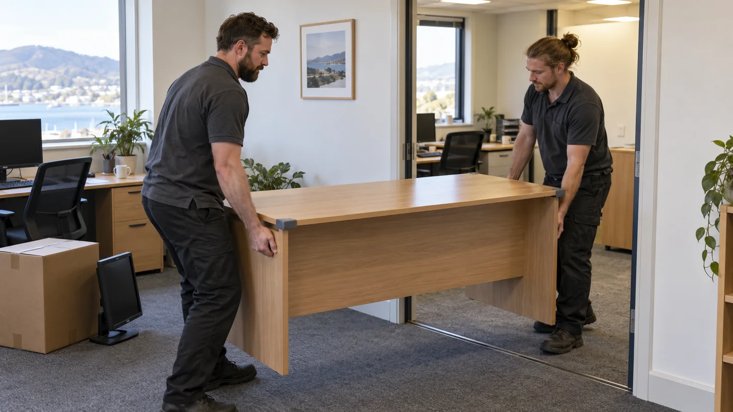 Two removalists carrying an unloaded timber desk between adjoining office rooms