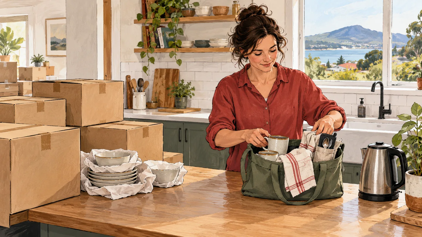 Illustration of a homeowner keeping mugs, cutlery and a tea towel separate from packed kitchen cartons