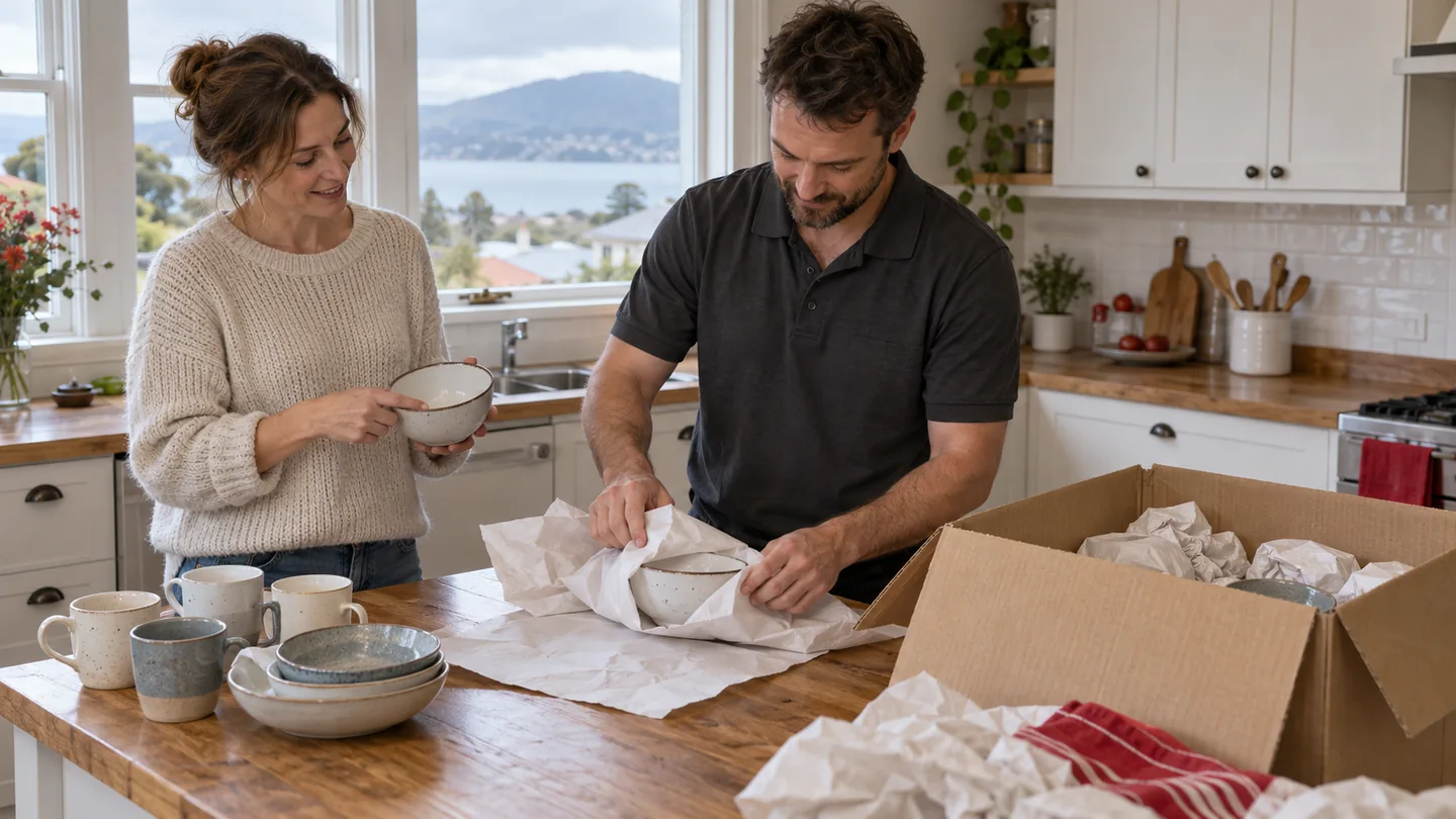 Packer wrapping a ceramic bowl in packing paper while a homeowner identifies kitchen crockery