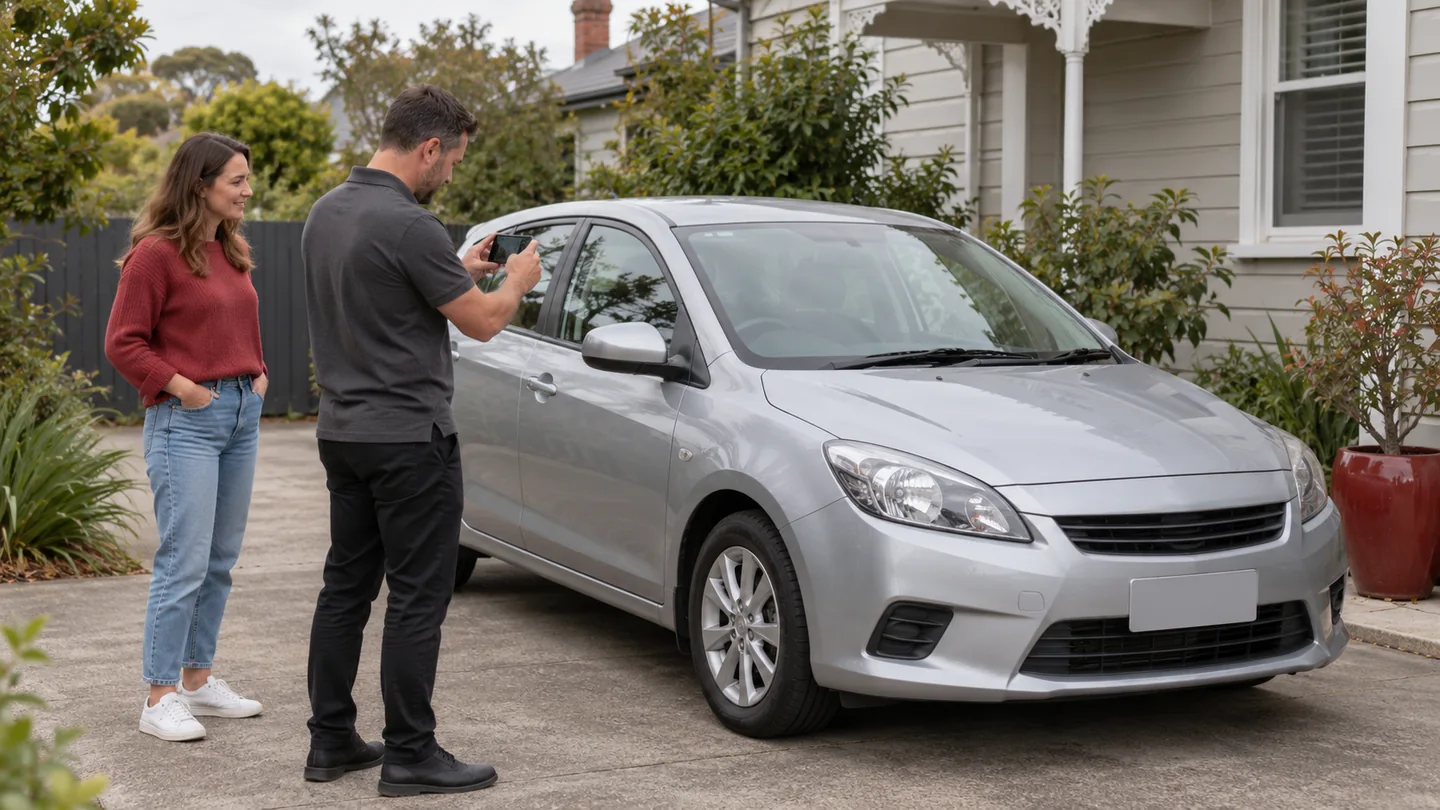 Owner and coordinator recording a hatchback condition before Melbourne to Tasmania car transport