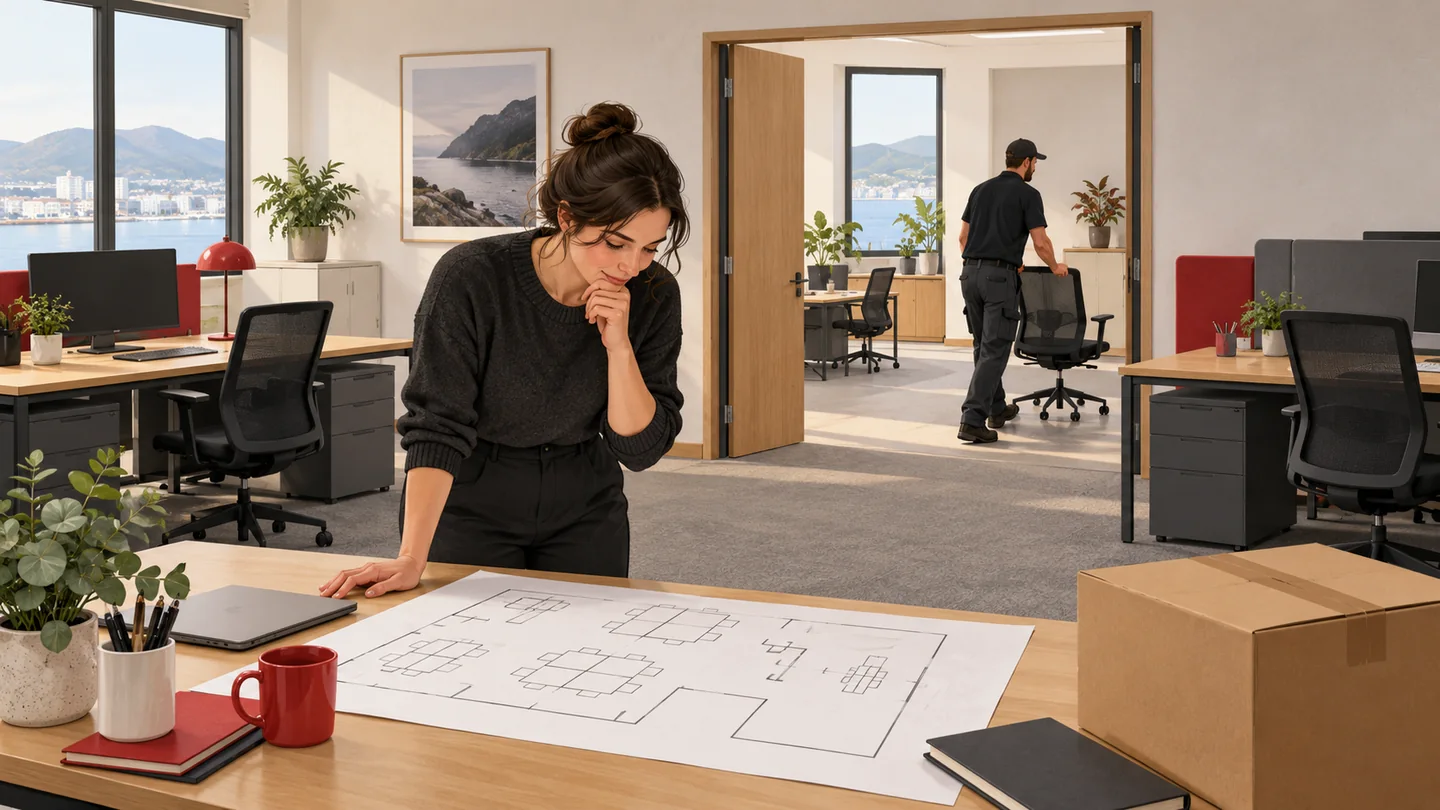 Office coordinator reviewing a room layout while a chair is moved into an adjoining workspace