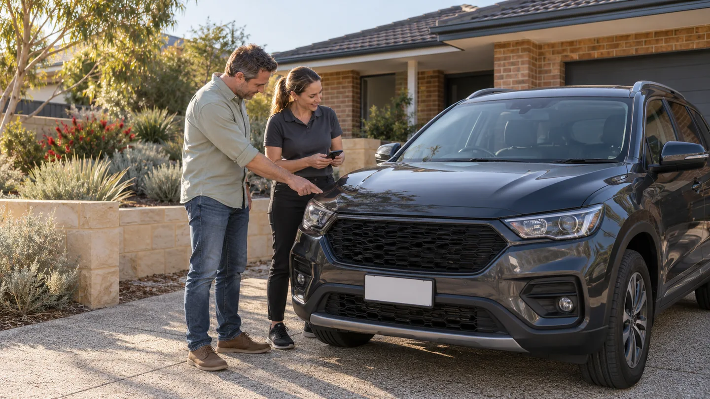 Receiving customer and coordinator checking an SUV at a Perth WA home