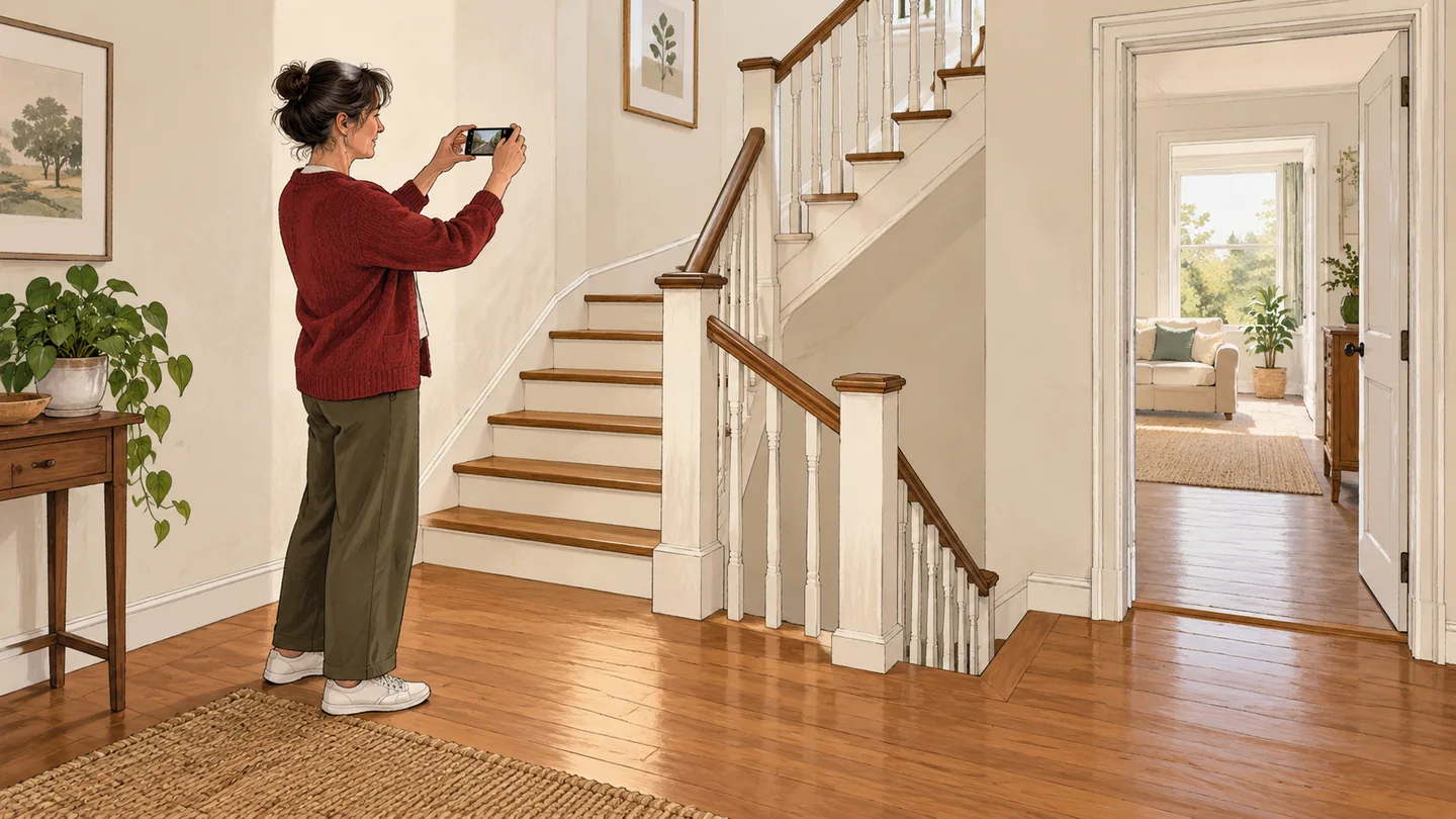 Illustration of a householder photographing a staircase and doorway before a piano move