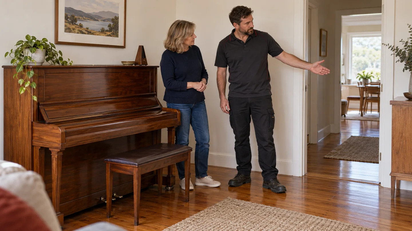 Householder and coordinator discussing the doorway route beside an upright piano