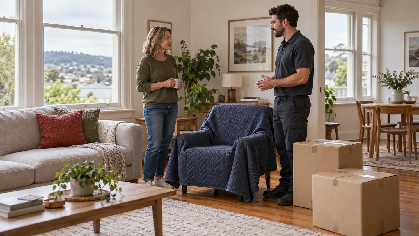 Homeowner discussing a blanket-covered spare armchair for storage while everyday seating stays at home