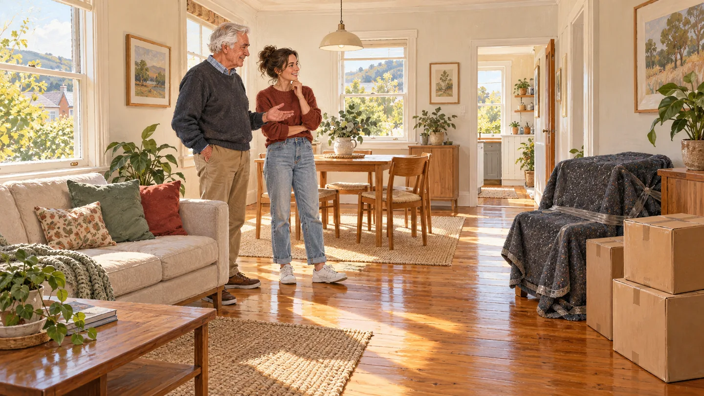 Illustration of a household keeping a sofa and dining table while grouping a spare chair and cartons for storage