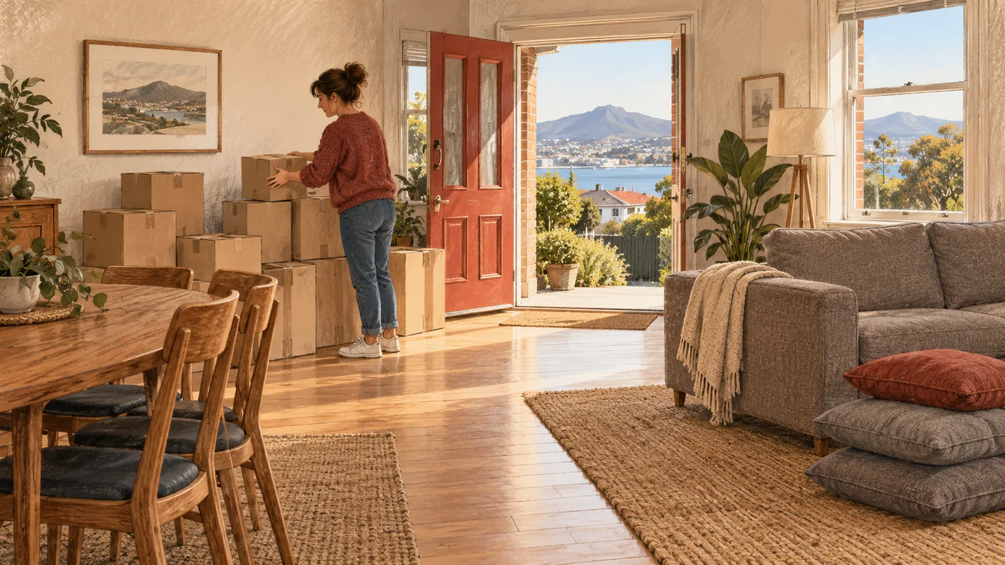 Illustration of a householder grouping closed cartons while keeping the route to the front door clear