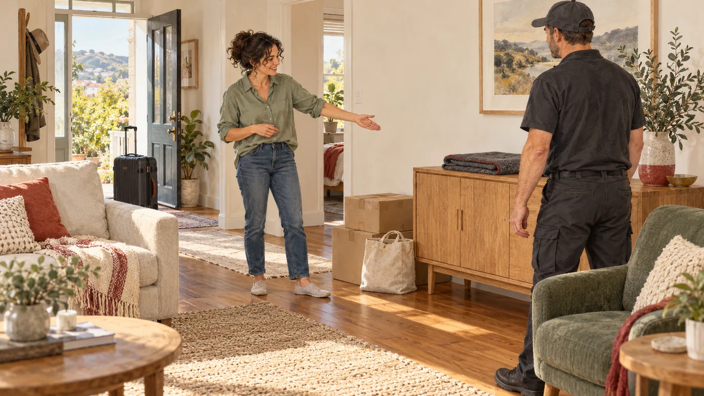 Illustration of a householder directing furniture placement after returning from time away