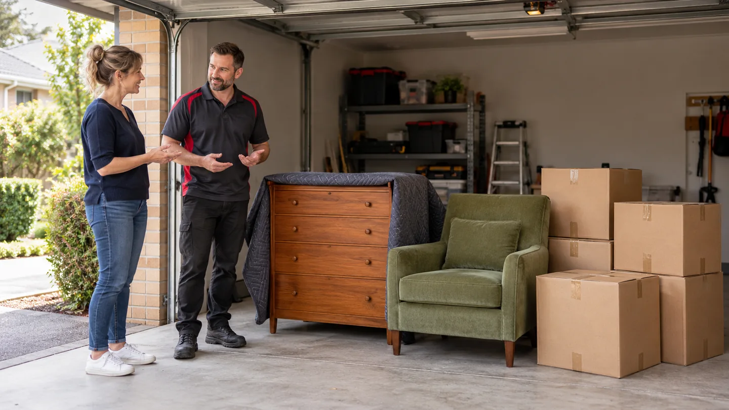 Householder and coordinator discussing a compact load of furniture and cartons in a garage