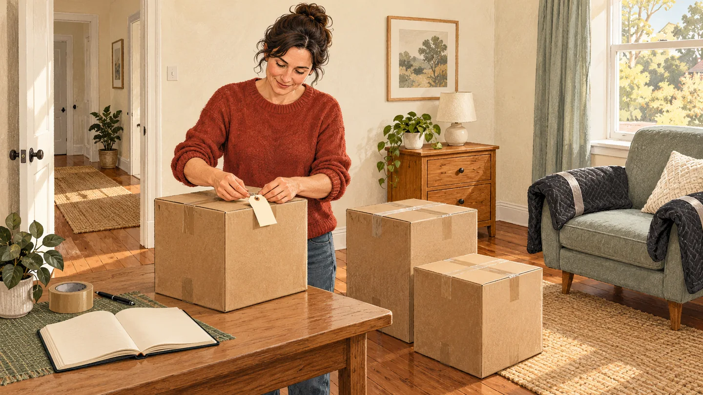 Illustration of a householder attaching a carton tag beside selected furniture and a notebook