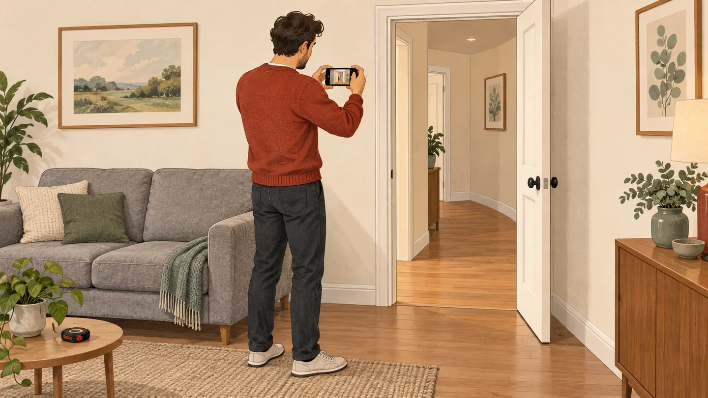 Illustration of a homeowner photographing a doorway and hallway beside a lounge
