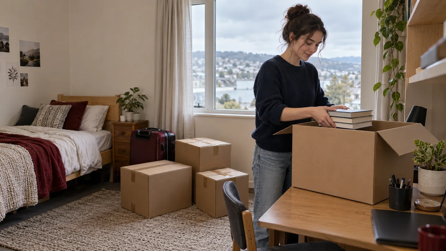 Adult student placing books into a moving carton beside packed belongings in a rented room