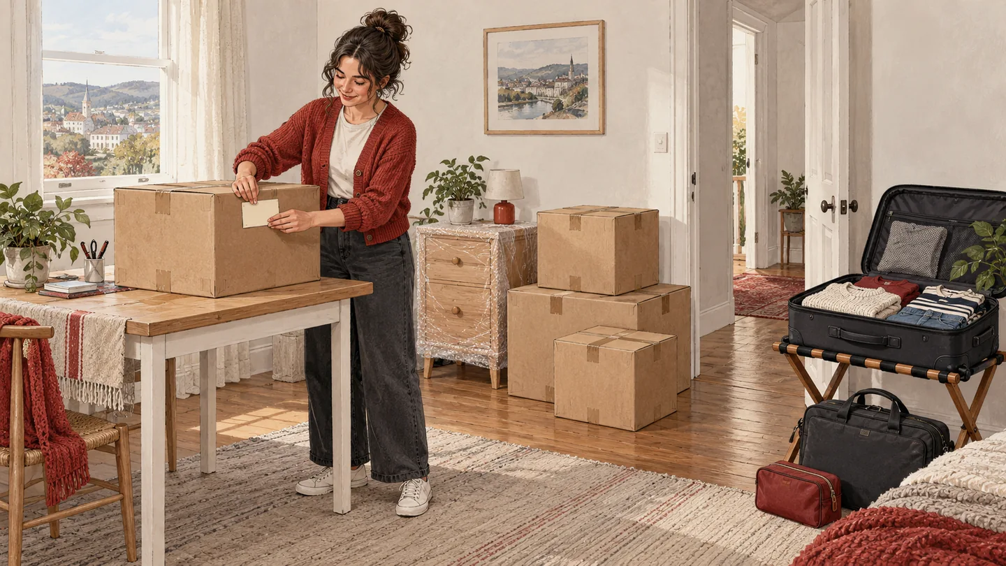 Illustration of a student labelling a carton with travel luggage kept separately