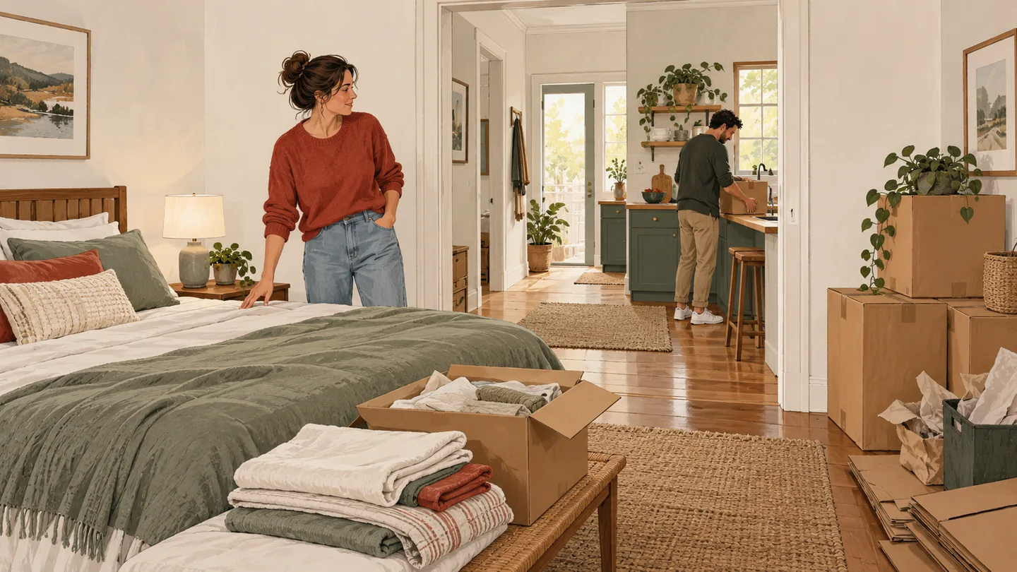 Illustration of a household making a bedroom and kitchen usable while less urgent cartons stay packed