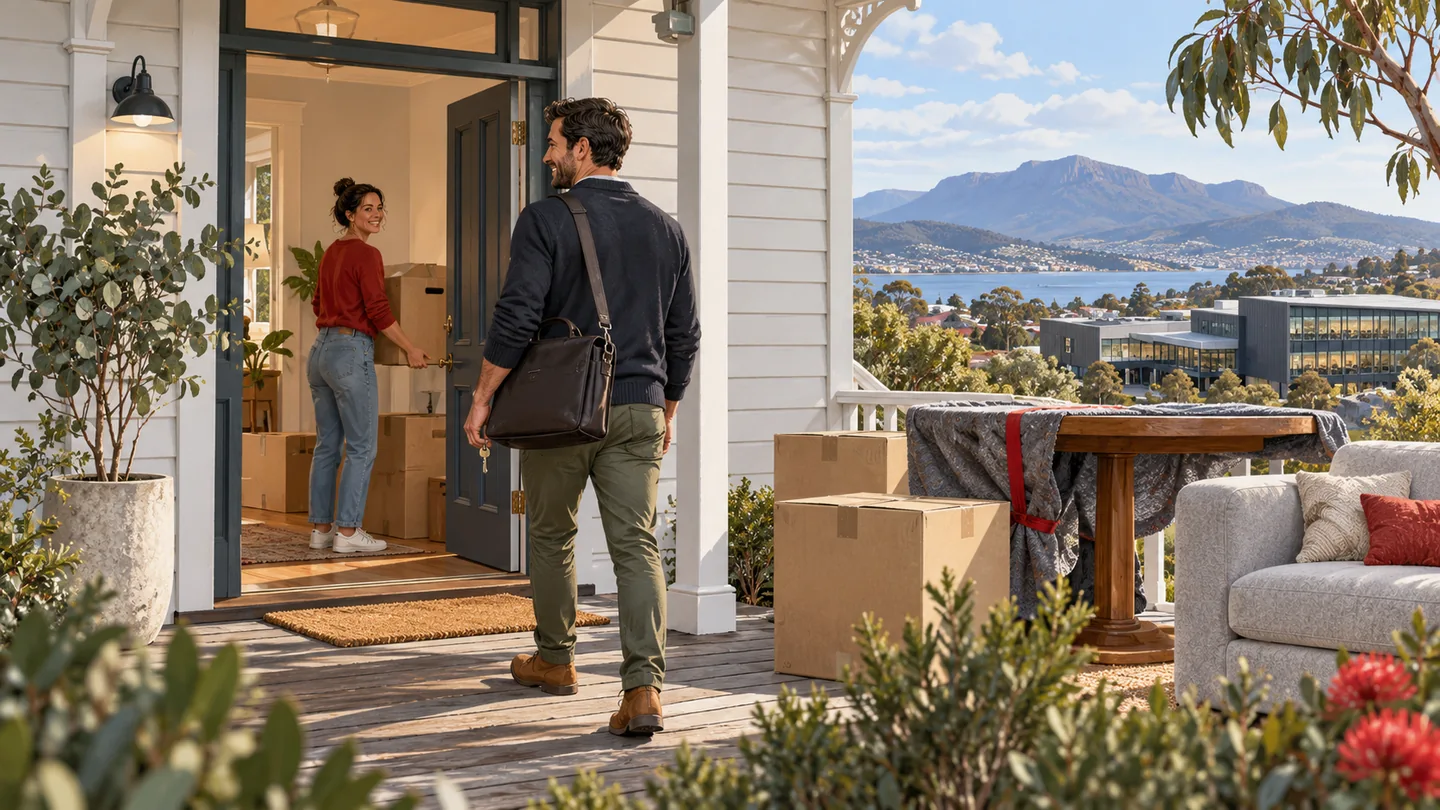 Professional with a work bag arriving at a weatherboard home while household belongings are being placed