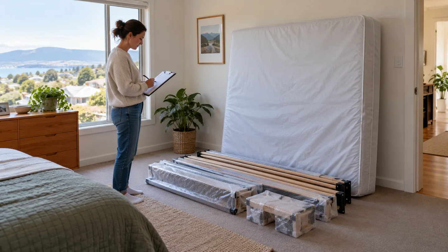 Illustration of a dry protected mattress and bed frame components prepared for a move