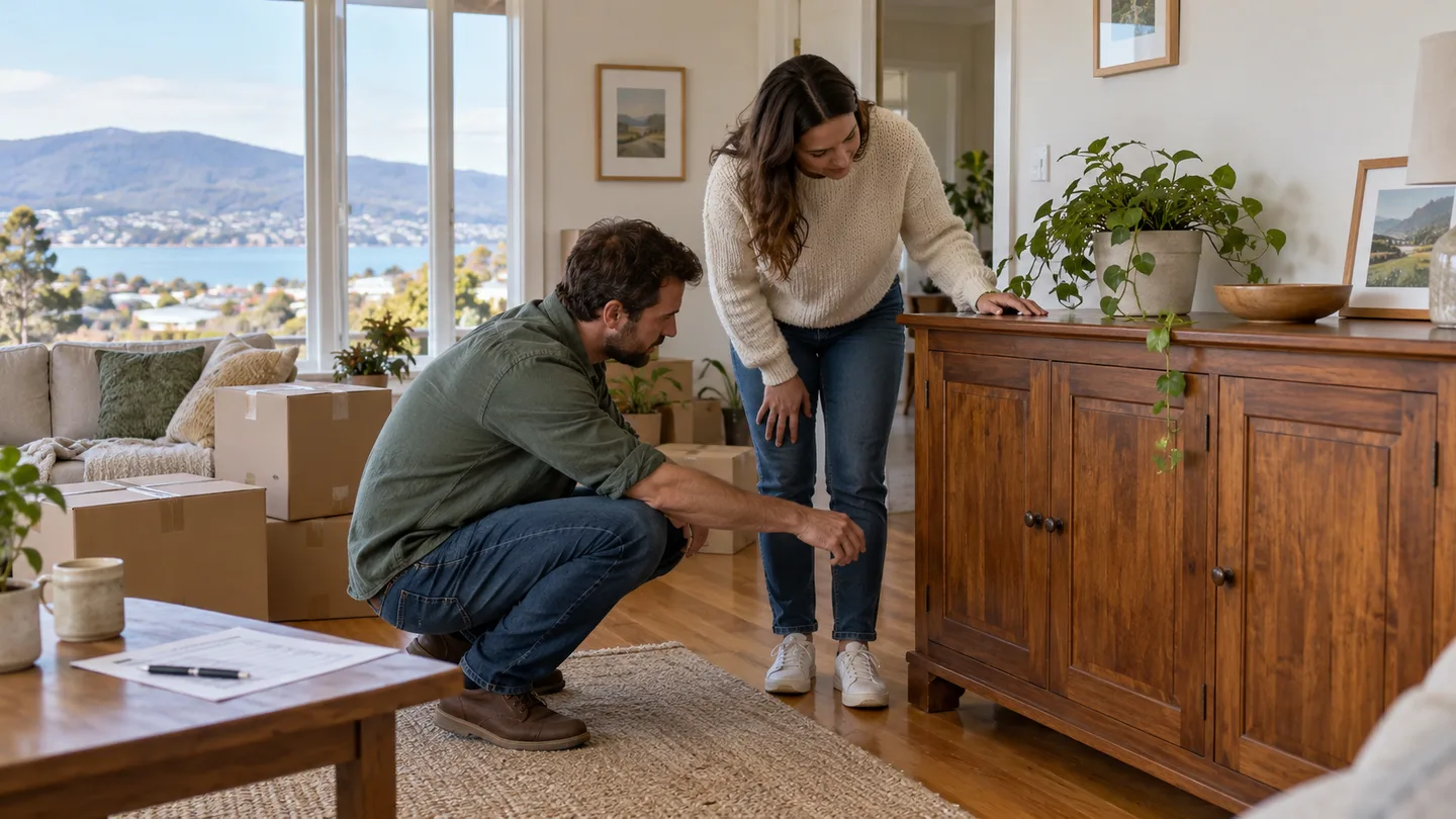 Illustration of a household checking a cabinet and inventory at furniture handover