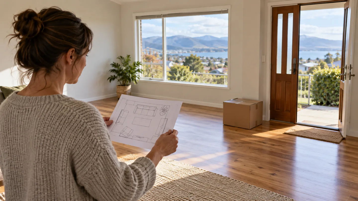 Illustration of a homeowner planning room placement before furniture delivery