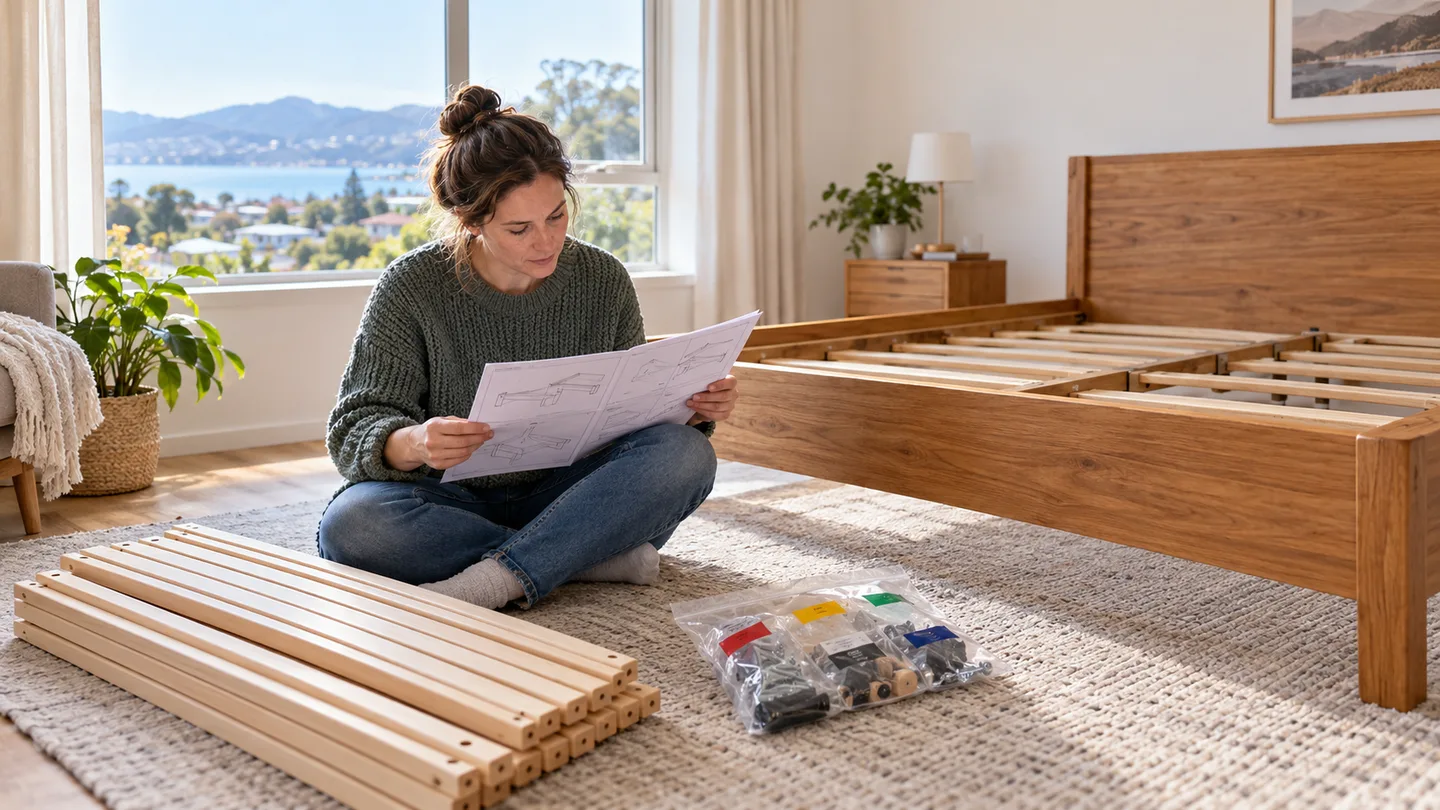 Illustration of bed instructions, components and hardware being checked before a furniture move