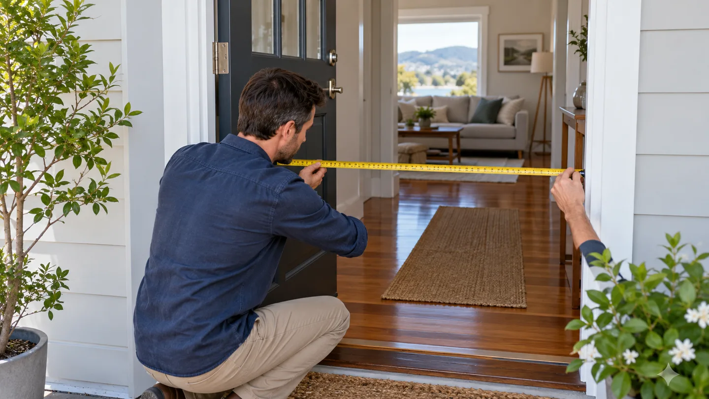 Illustration of a homeowner measuring a clear front doorway for furniture access