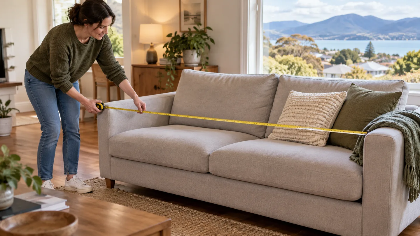 Illustration of a homeowner measuring the overall width of a sofa before moving