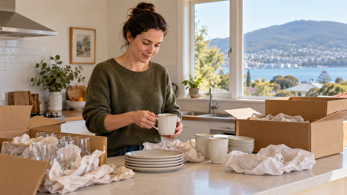 Illustration of household crockery and glassware being prepared for packing in a Hobart kitchen