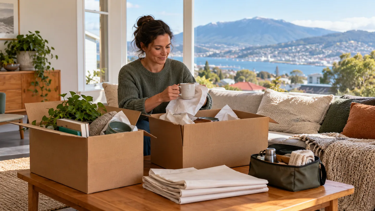 Illustration of household items being unpacked from cartons in a Hobart living room
