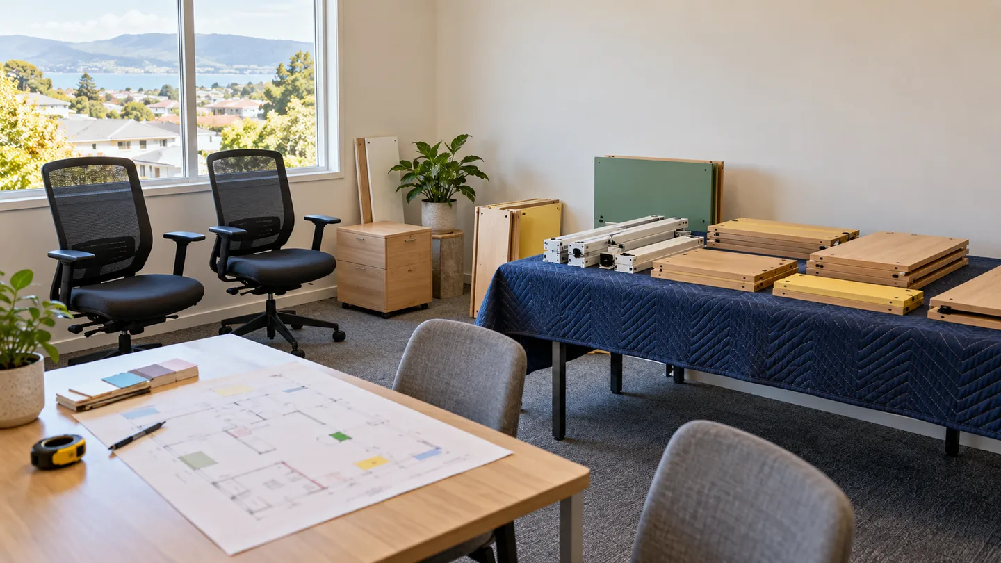 Illustration of office furniture components and a room plan prepared for staged return