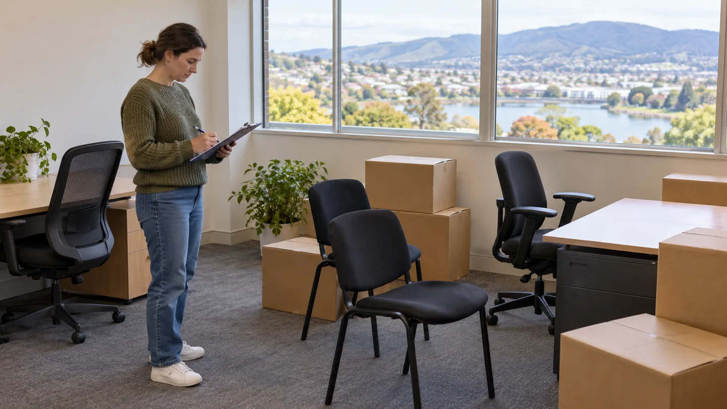 Illustration of an office manager checking desks and chairs before storage collection