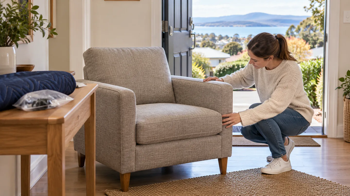 Illustration of a buyer checking an armchair at a home furniture handover