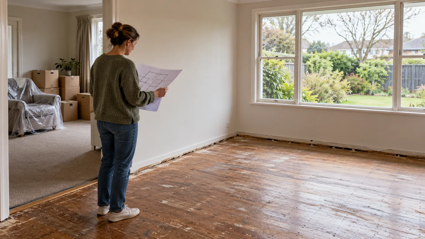 Illustration of a homeowner planning furniture clearance in a living room before floor renovations