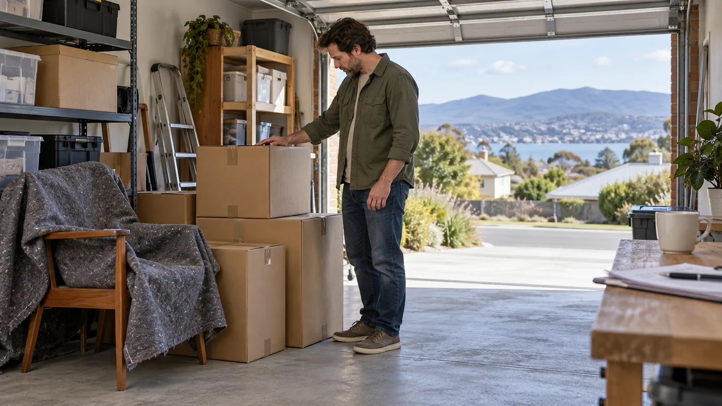 Illustration of cartons and protected furniture being checked before final storage collection