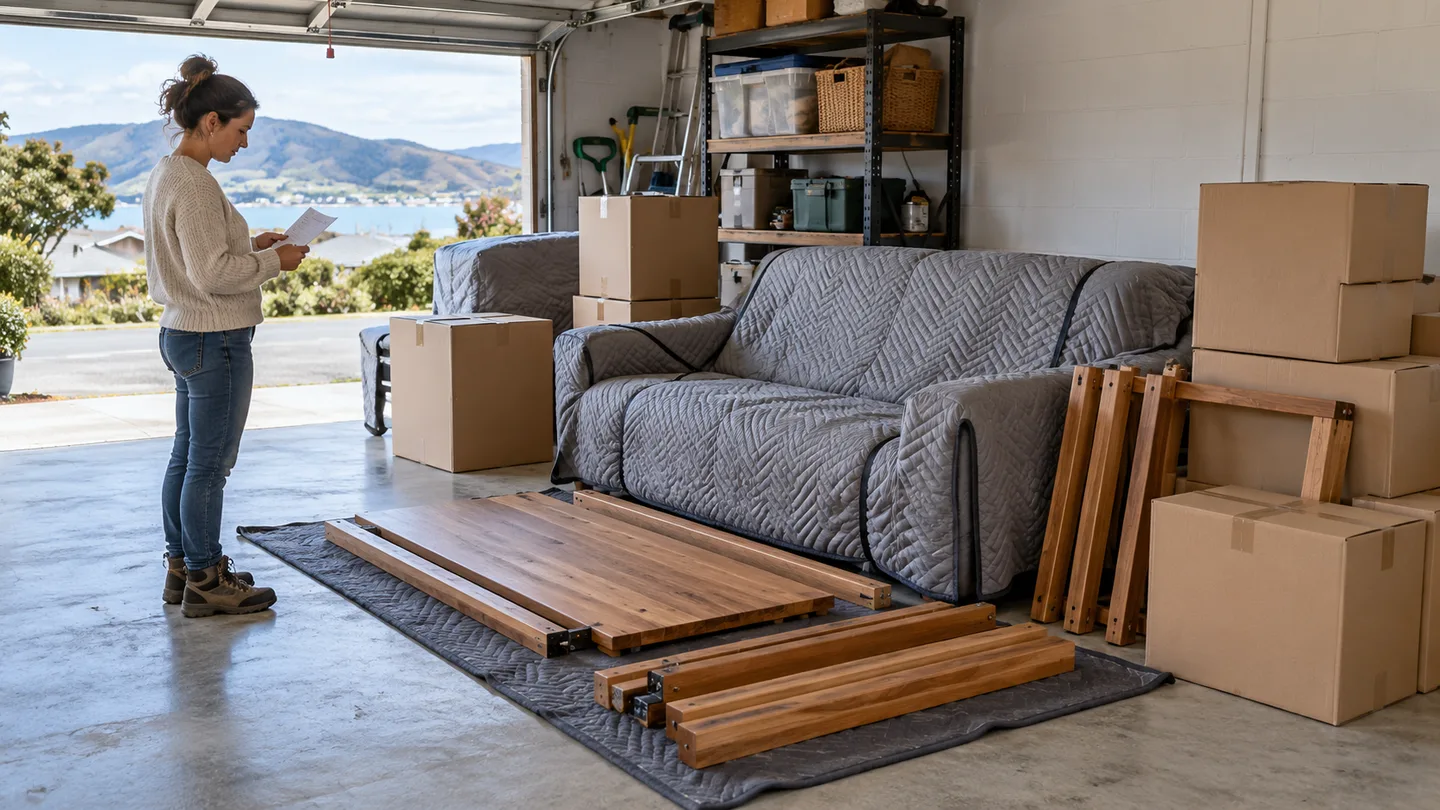 Illustration of protected furniture, dismantled table components and cartons prepared in a home garage for storage