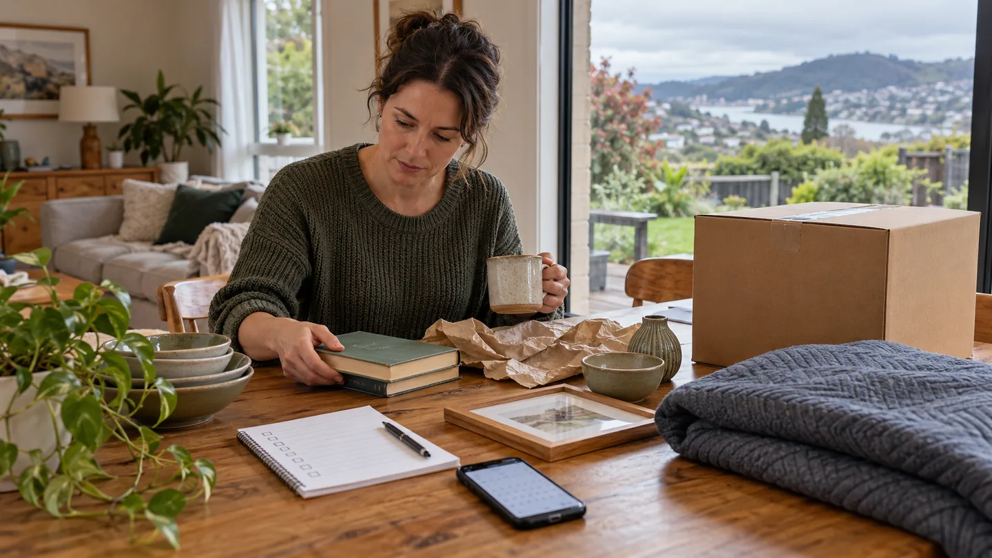 Illustration of a homeowner sorting household belongings while comparing Launceston furniture storage arrangements