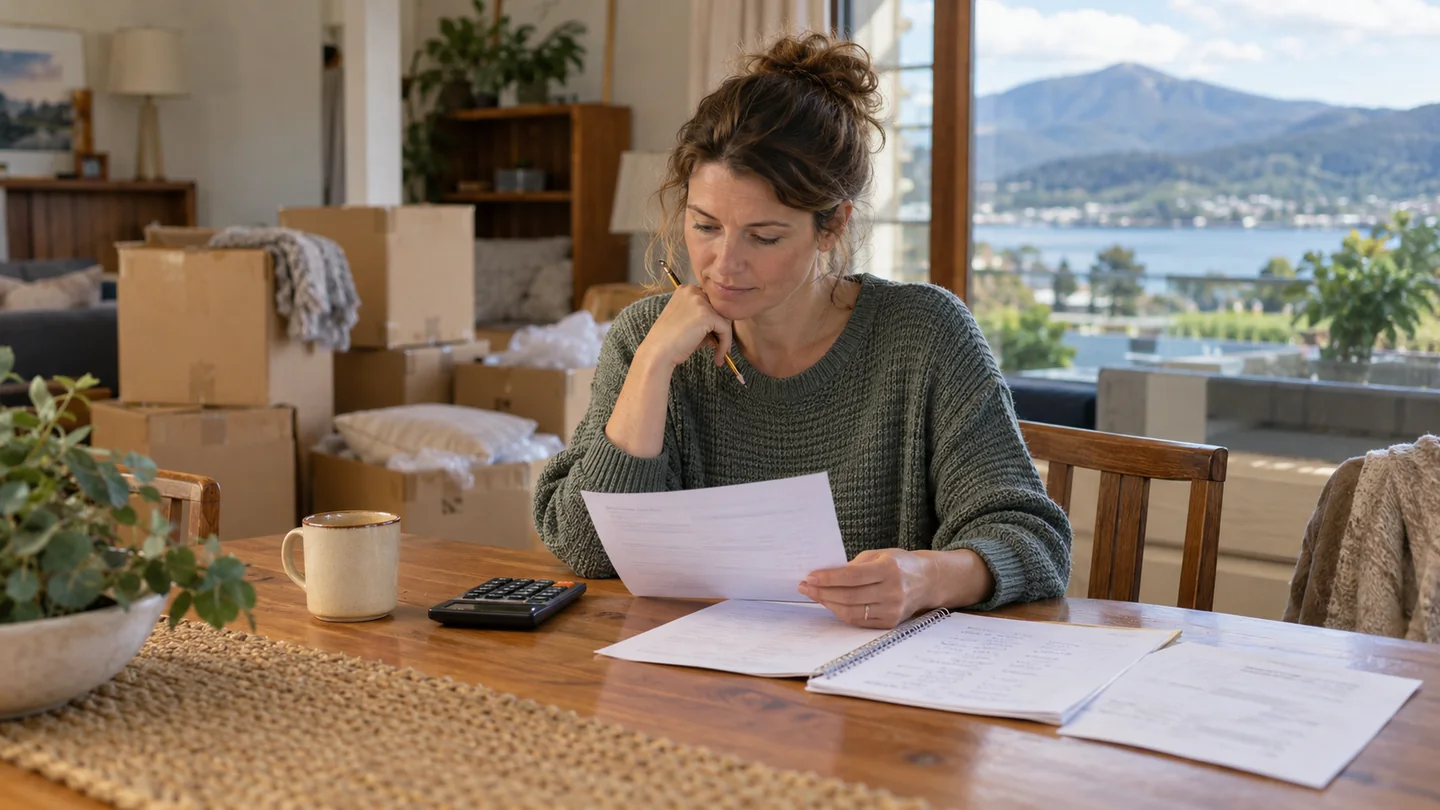 Illustration of a homeowner reviewing a storage quote, inventory and calculator at a table